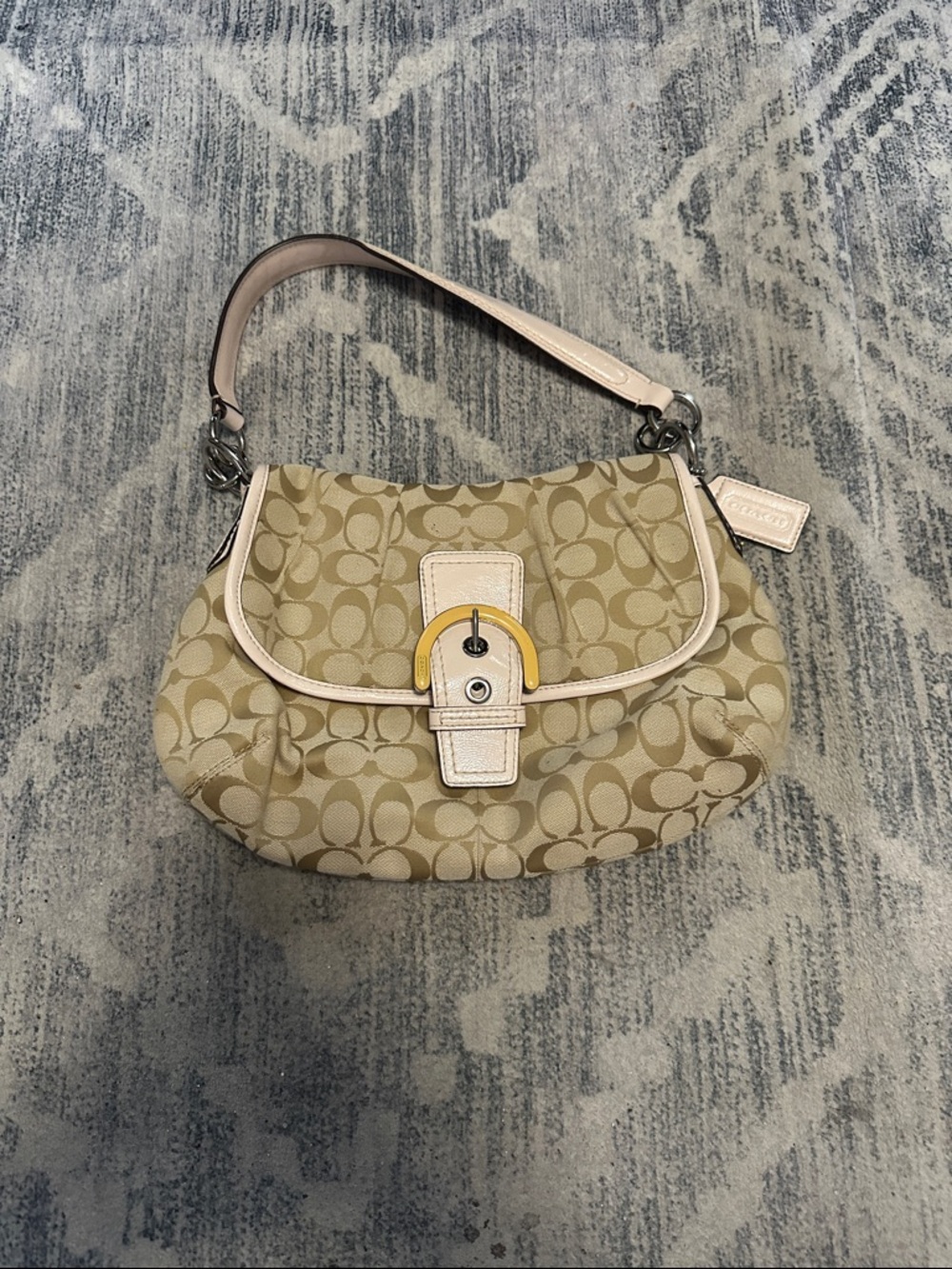 Coach Signature Canvas Shoulder Bag in Beige with Cream Trim and Yellow Accent